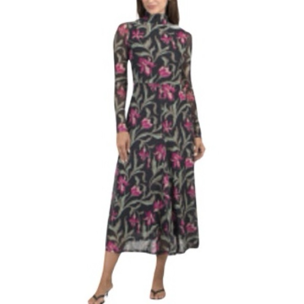 Elizabeth James Floral Sheer Long Sleeves Maxi Dress Size S Mockneck Modest Pink